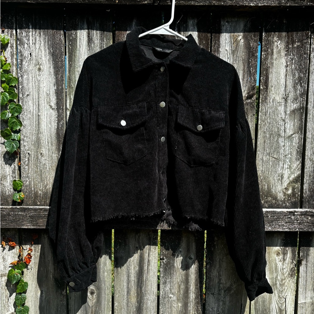 Shein Black Corduroy Cropped Jacket with Pockets - Size M
